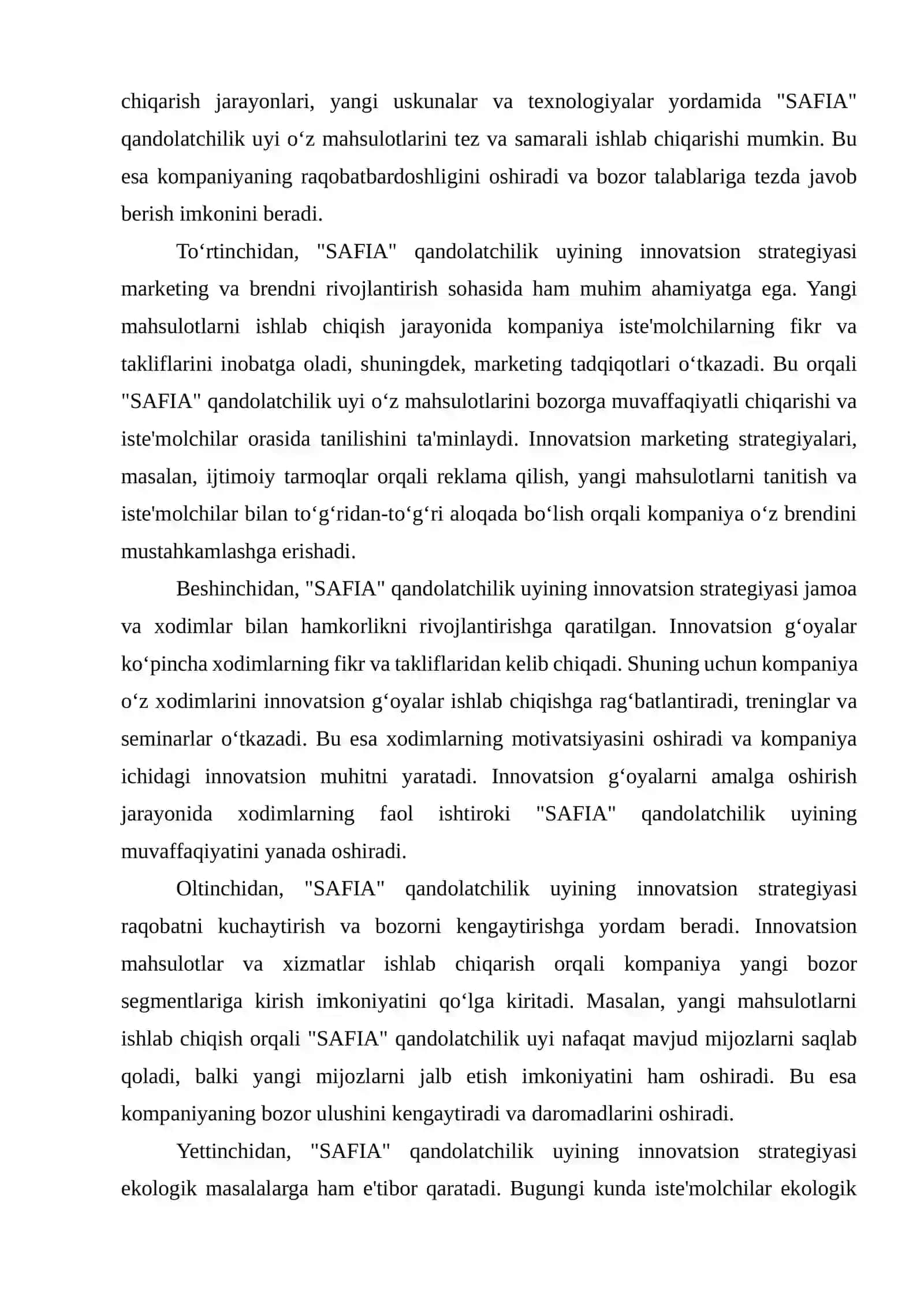 "SAFIA" qandolatchilik uyi mahsulotlarining innovatsion strategiyasini shakllantirish va amalga oshirish mexanizmlarini tahlil qilish haqida 3