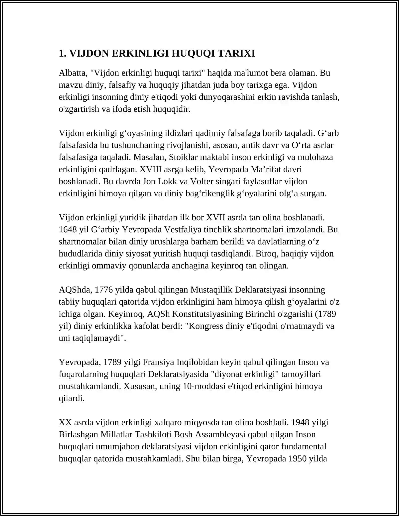 MUSTAQIL ISH Mavzu: VIJDON ERKINLIGI HUQUQI 3