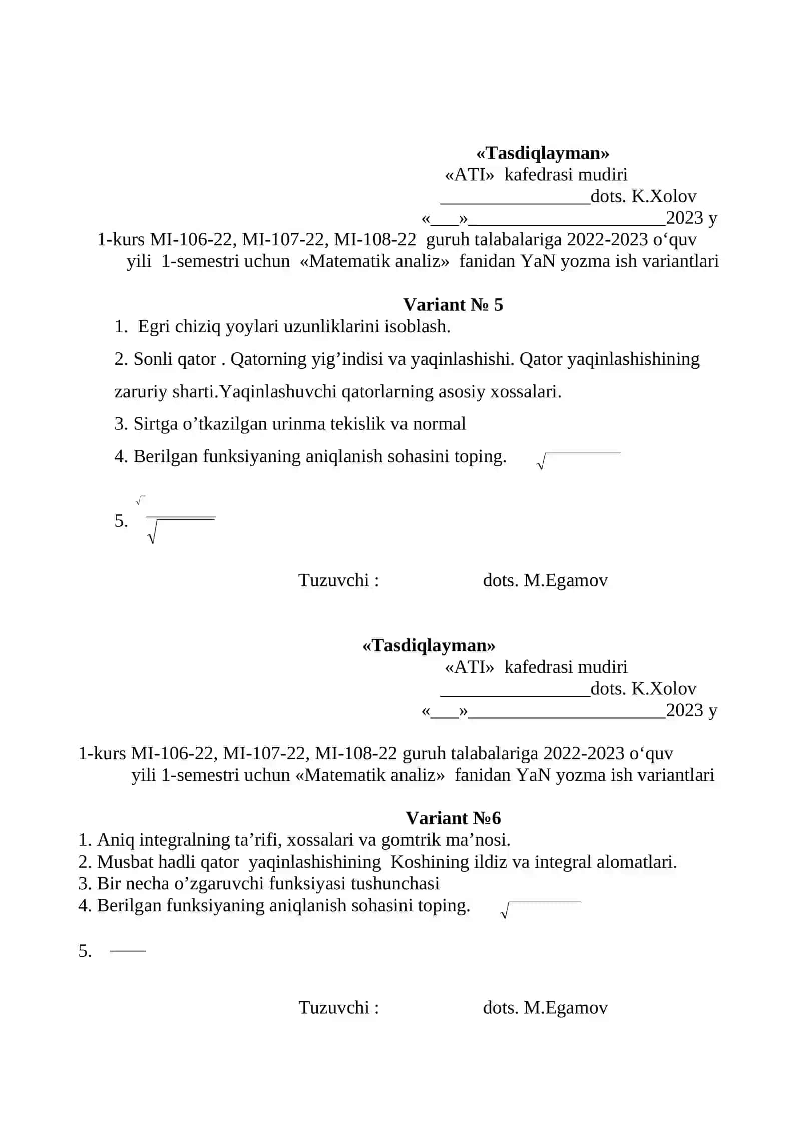 Matematik analiz YaN yozma ish variantlari 3