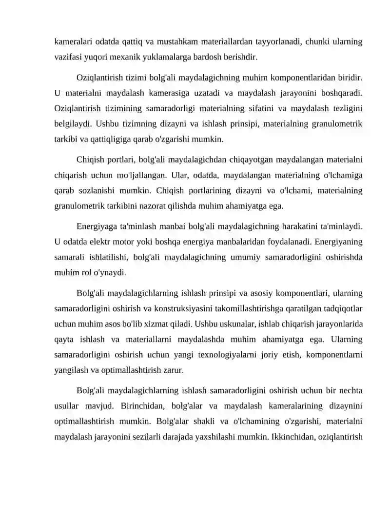 Bolg'ali maydalagichning ish unumdorligini oshirish va konstruksiyasini takomillashtirish. 3