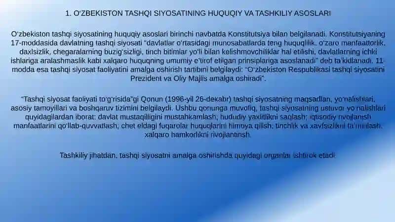 O'ZBEKISTON RESPUBLIKASI TASHQI SIYOSATINING ASOSIY TAMOYILLARI VA ULARNING AMALIY AHAMIYATI 3