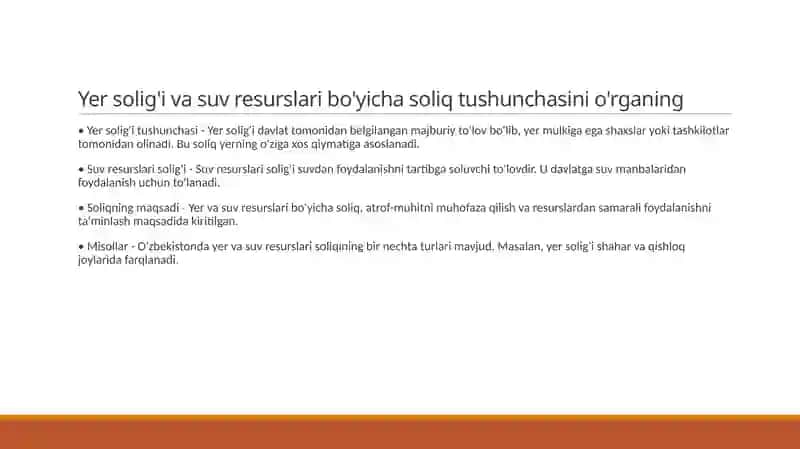 Yer solig'i va suv resurslari bo'yicha soliq tushunchasini o'rganing 3