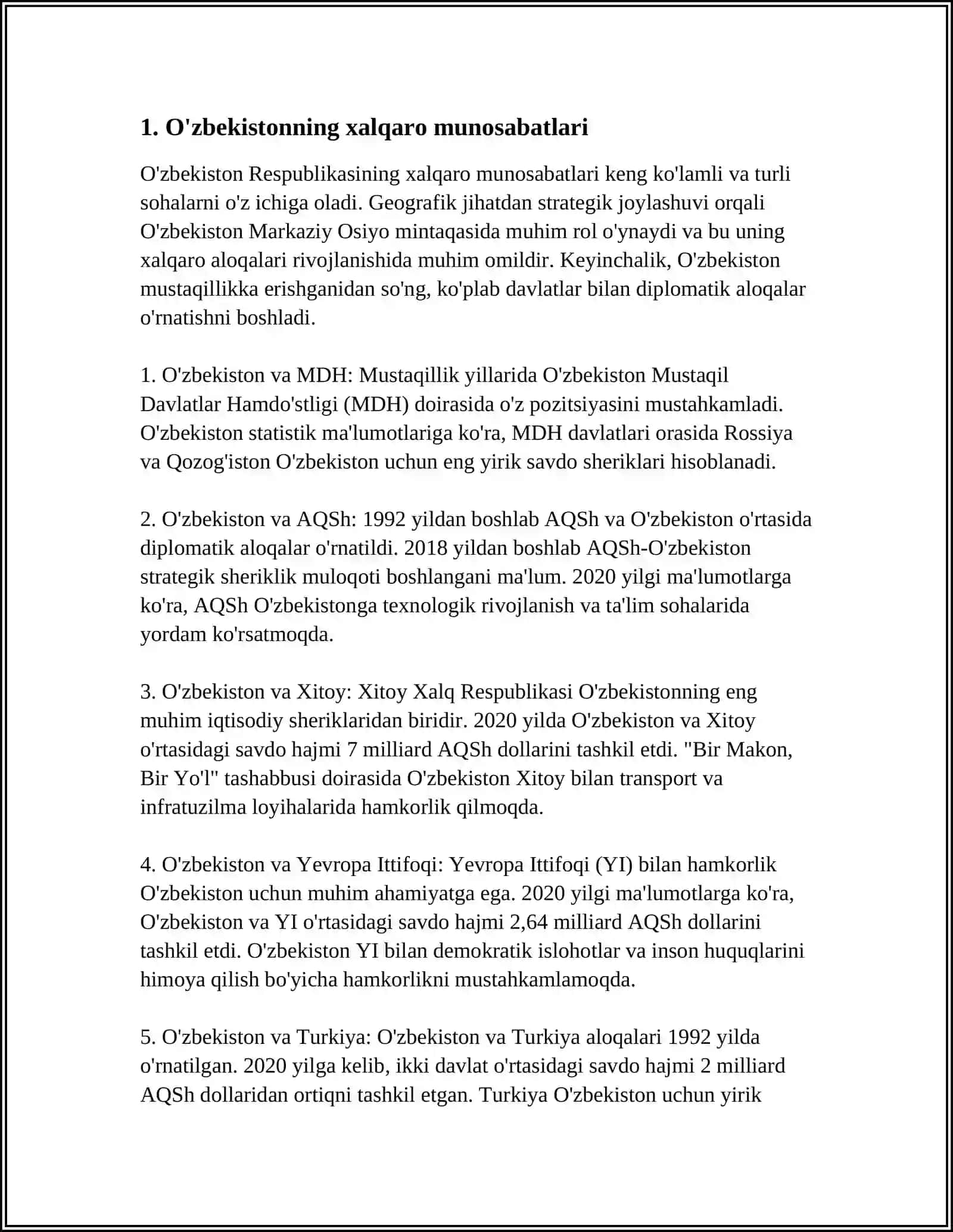 "O’ZBEKISTON VA JAHON HAMJAMIYATI" REFERAT 3