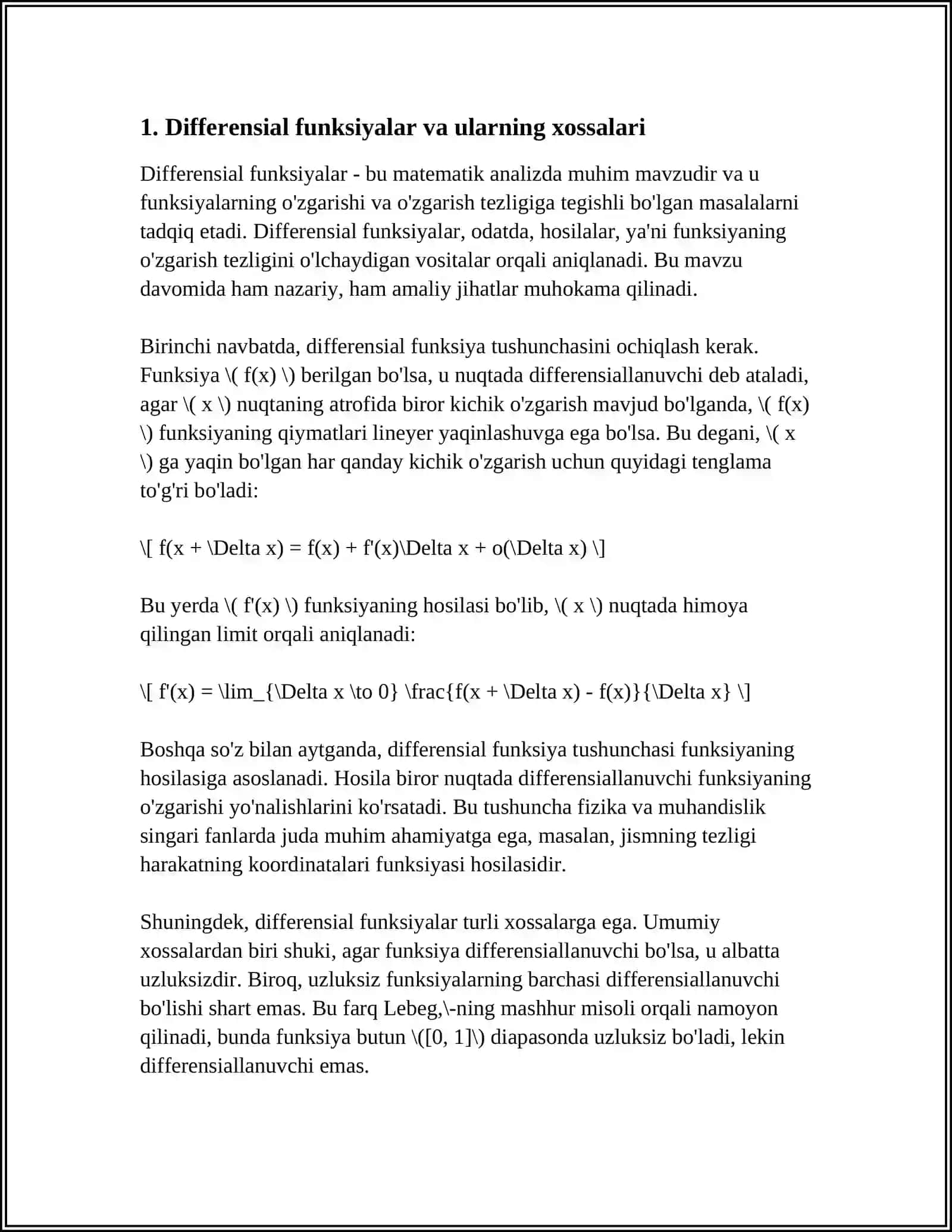 DIFFERENSIAL FUNKSIYALAR HAQIDA BAʼZI BIR TEOREMALAR. EGRI CHIZIQQA URINMA VA NORMAL TENGLAMASI. LOPITAL QOIDASI 3