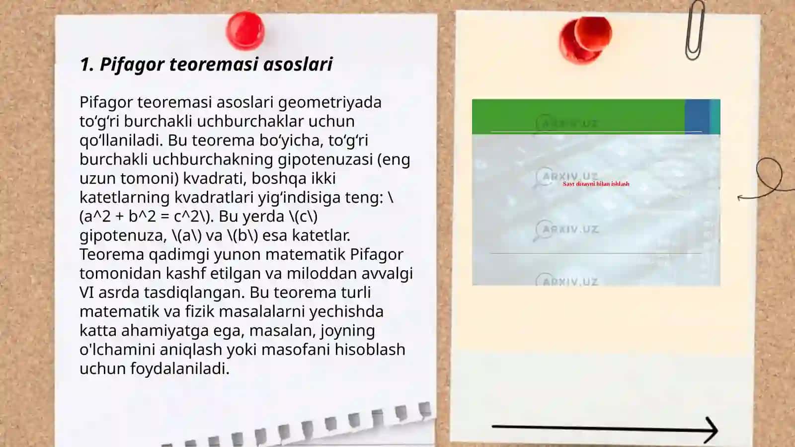 Uyni tamirlash va dizayn loyihasini tayyorlashda Pifagor teoremasining tadbig'i 3