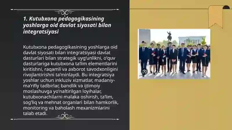 Kutubxona pedagogikasi: Yoshlarga oid davlat siyosati bilan bogʻliqligi oʻziga xos xususiyati 3
