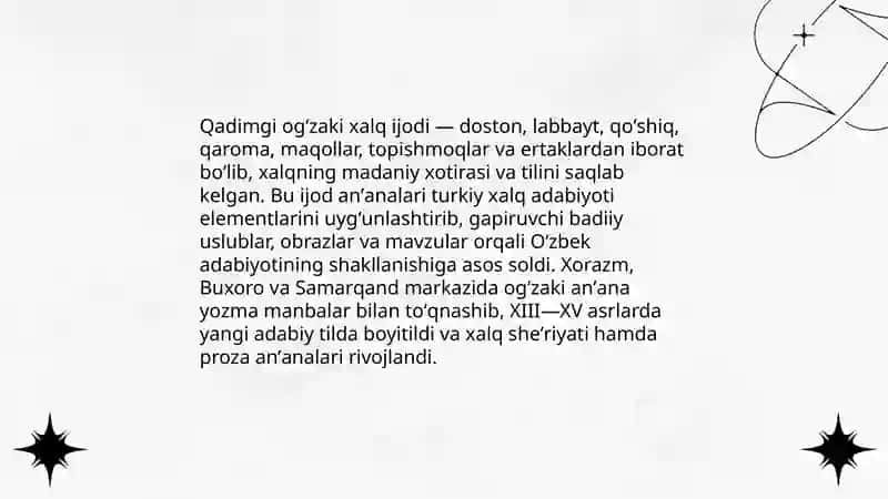 O‘zbek adabiyotining qadimgi manbalari. Alisher Navoiy ijodi turkiy xalqlar adabiyotining yuksak cho‘qqisi. XX asr o‘zbek adabiyotining til xususiyatlari Bahronov Alisher 3