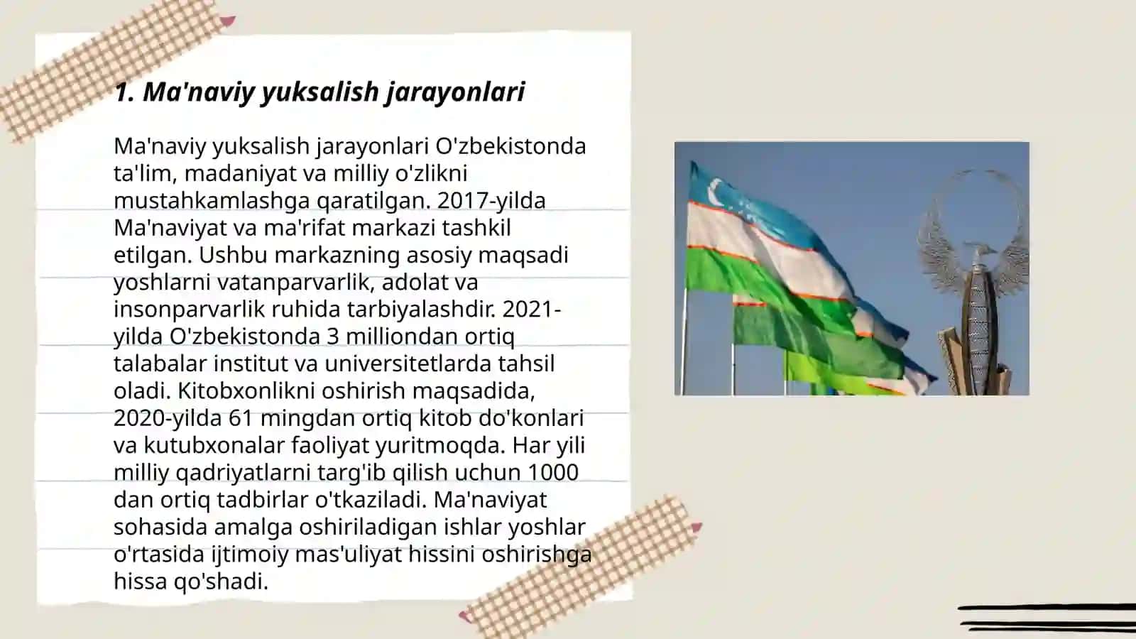 Mustaqillik yillarida Oʻzbekistonning ma'naviy va markaziy taraqqiyoti 3