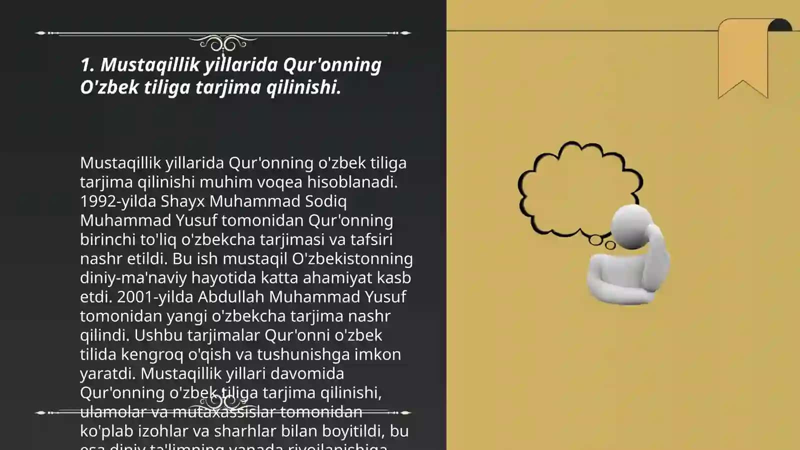Mustaqillik yillarida Qur'onning o'zbek tiliga tarjima qilinishi va tafsirlari haqida taqdimot tayyorlash 3