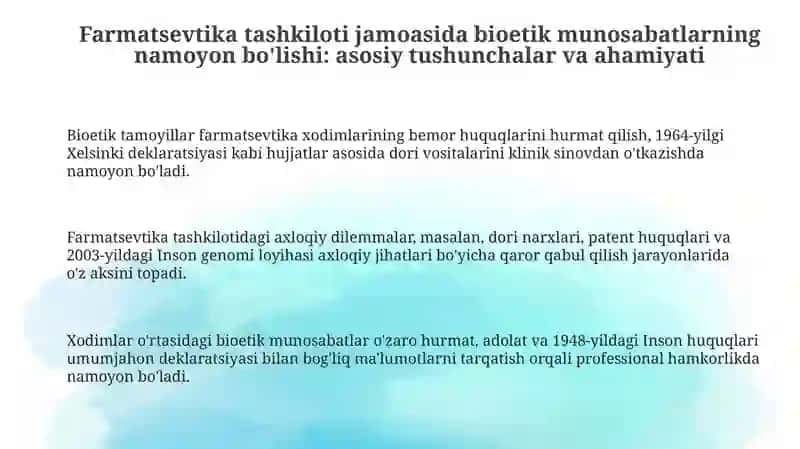 Farmatsevtik tashkilot jamoasida bioetik munosabatlarning ko'rinishi 3