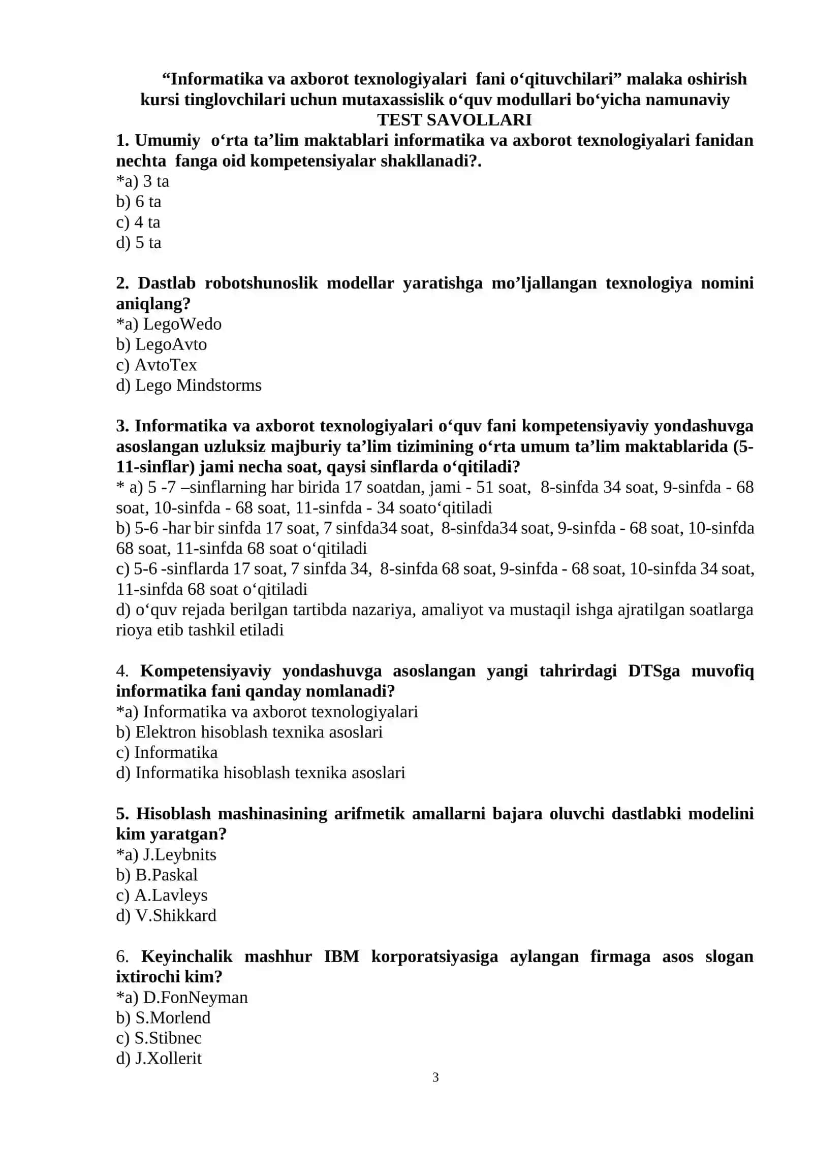 INFORMATIKA FANI O‘QITUVCHILARIning MALAKASINI OSHIRISH KURSI tinglovchilari UCHUN TESTLAR banki 3