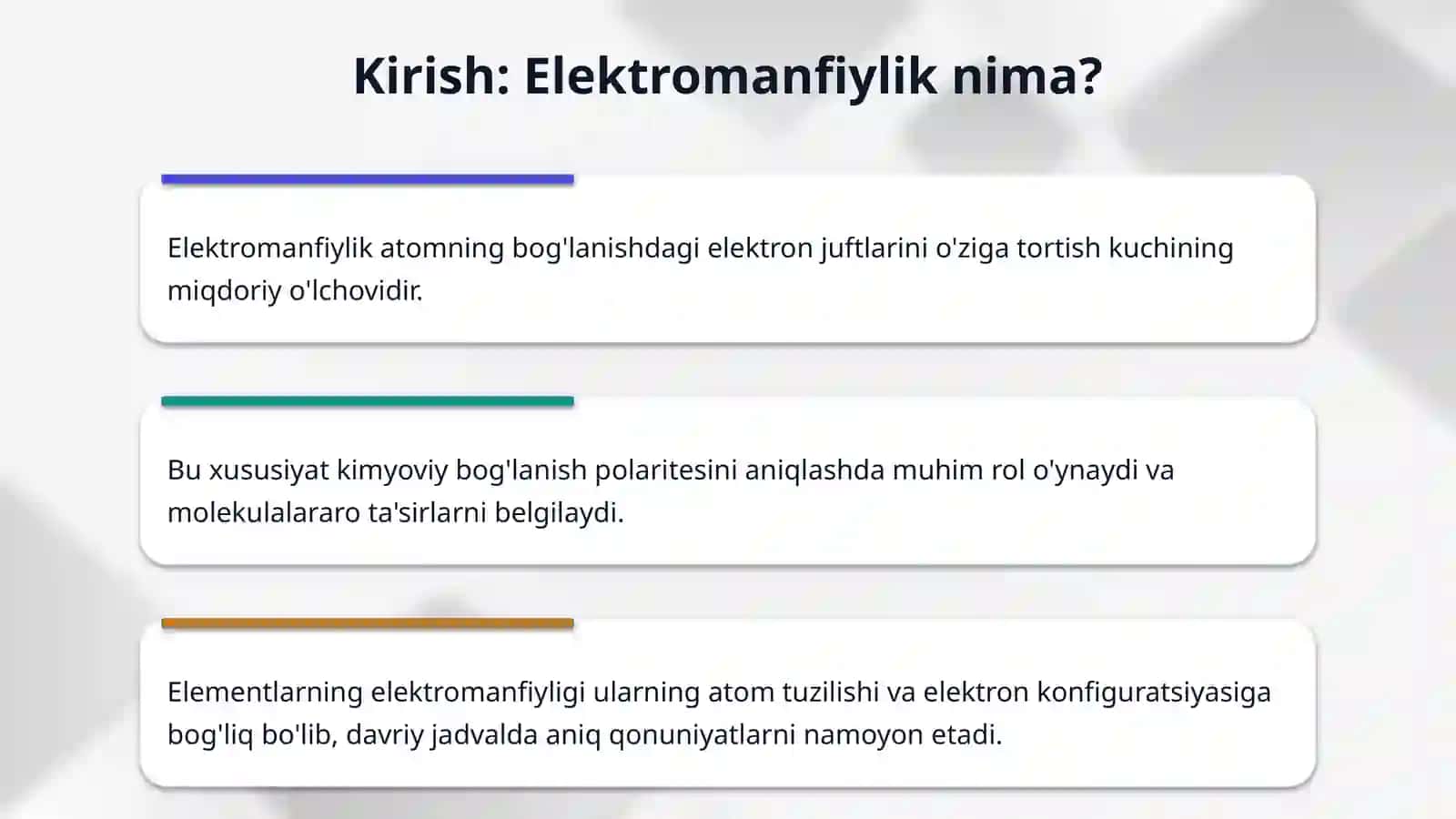 Mavzu: “Kimyoviy elementlarning nisbiy elektromanfiyligi 3