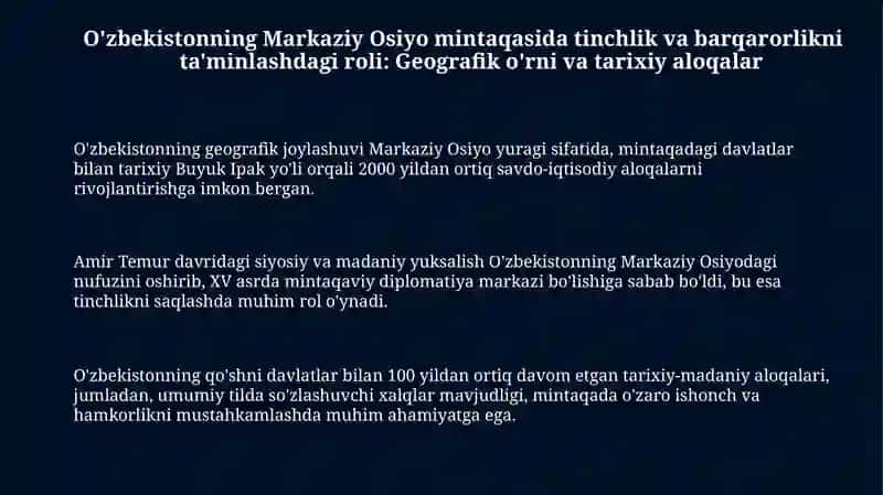 O'zbekistonning Markaziy Osiyoda tinchlik va barqarorlikni ta'minlash 3