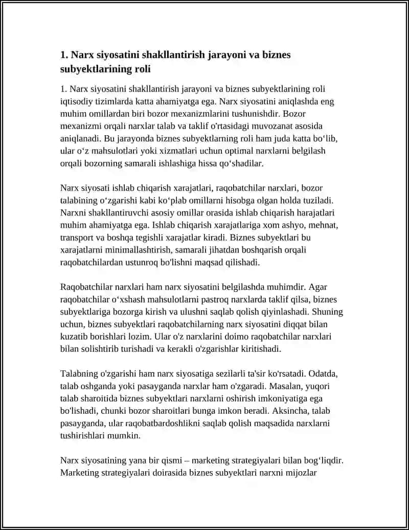 BIZNESDA SUBYEKTLARNING NARX SIYOSOTIDA NARXLARNING YUZAGA KELISHI VA AHAMIYOTI 3