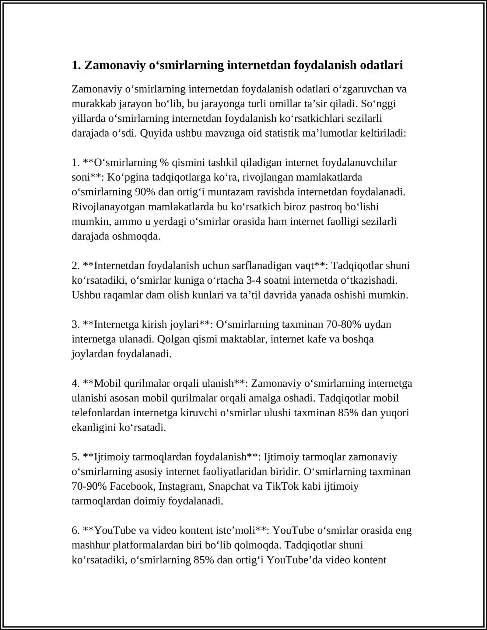 ZAMONAVIY OʻSMIRLAR VA INTERNETGA TOBELIK REFERAT 3