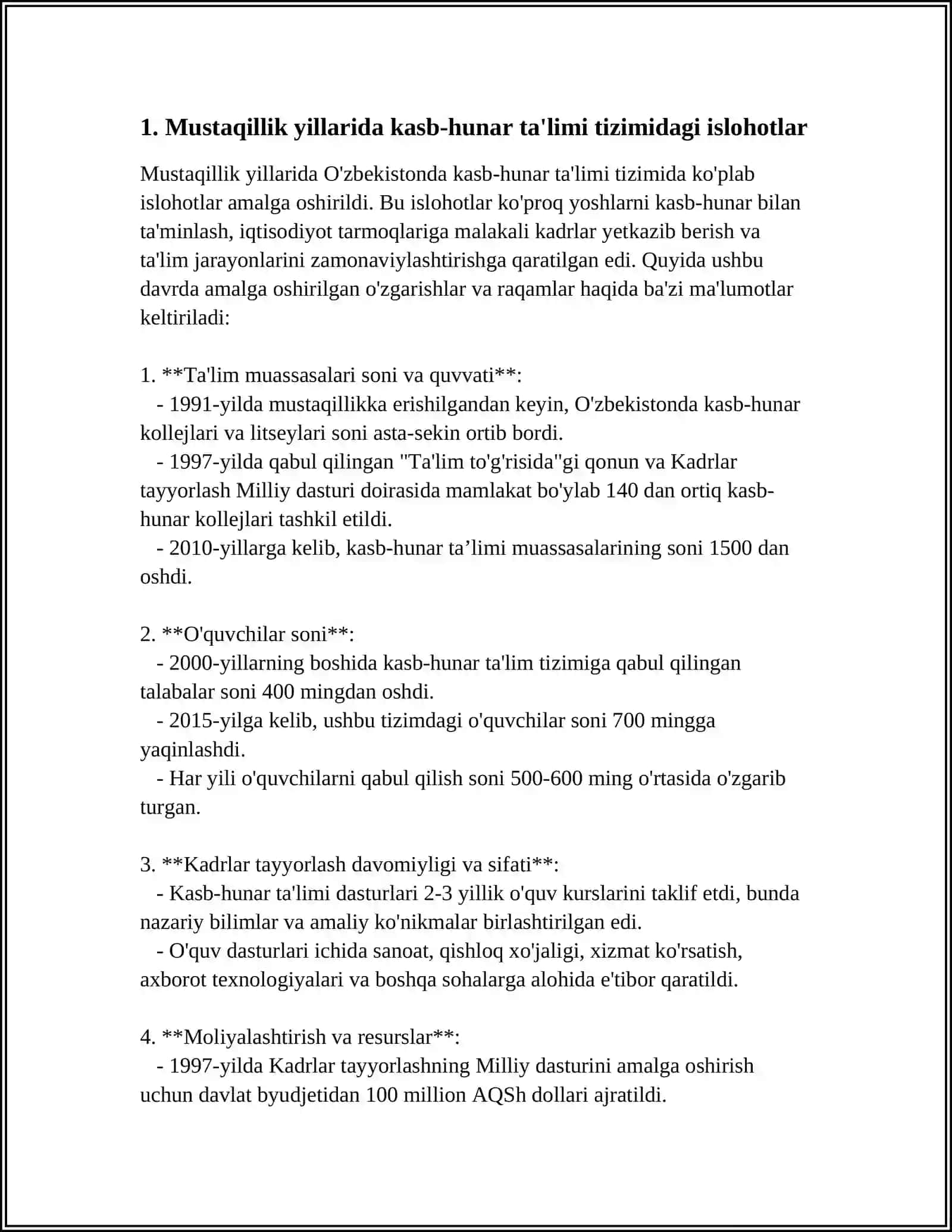 MUSTAQILLIK YILLARIDA KASB-HUNAR VA O'RTA MAHSUS TA'LIM VA OLIY TA'LIM TIZIMIDAGI ISLOHOTLAR 3