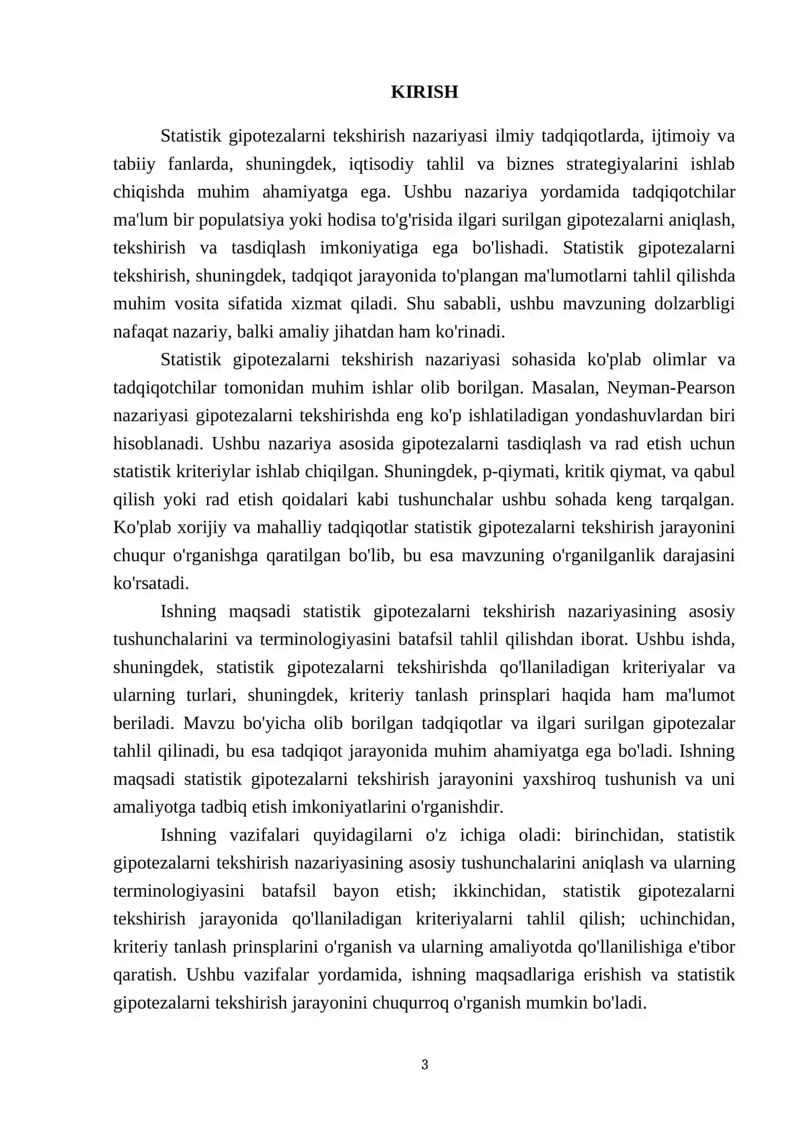MUSTAQIL ISHI Mavzu: Statistik gipotezalarni tekshirish nazariyasining umumiy tushunchalari. Statistik gipotezalarni tekshirish uchun kriteriy tanlash prinsplari 3