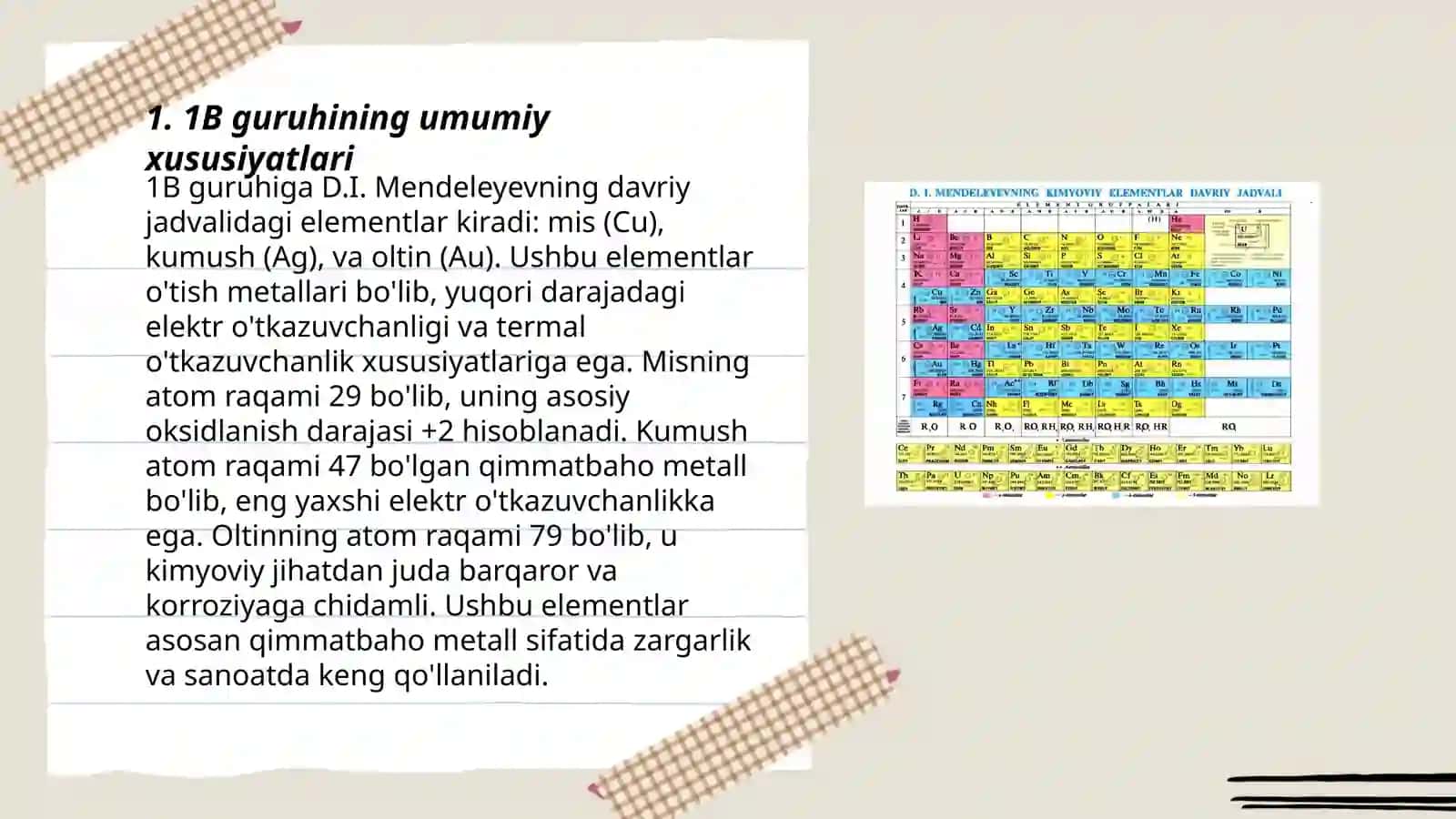 Davriy sistemaning 1 B guruh elementlari Cu,Ag,Au 3
