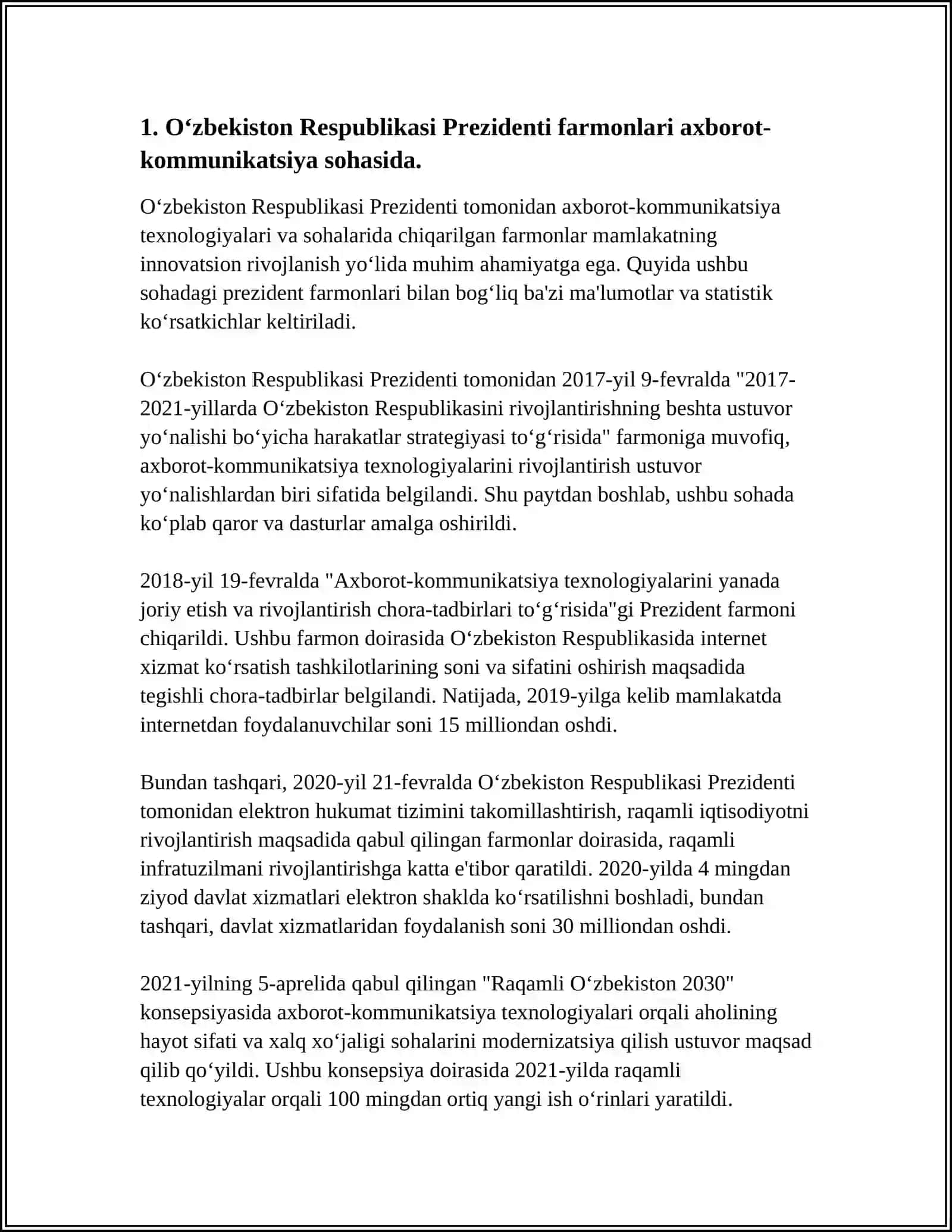 ÓZBEKISTONDA AXBOROT KOMMUNIKATSIYA SOHASINI RIVOJLANTIRISHDAGI ASOSIY YÓNALISHLARI, AMALDAGI QONUNLAR, ÓZBEKISTON RESPUBLIKASI PREZIDENTI FARMONLARI VA VAZIRLAR MAXKAMASINING QARORLARI 3