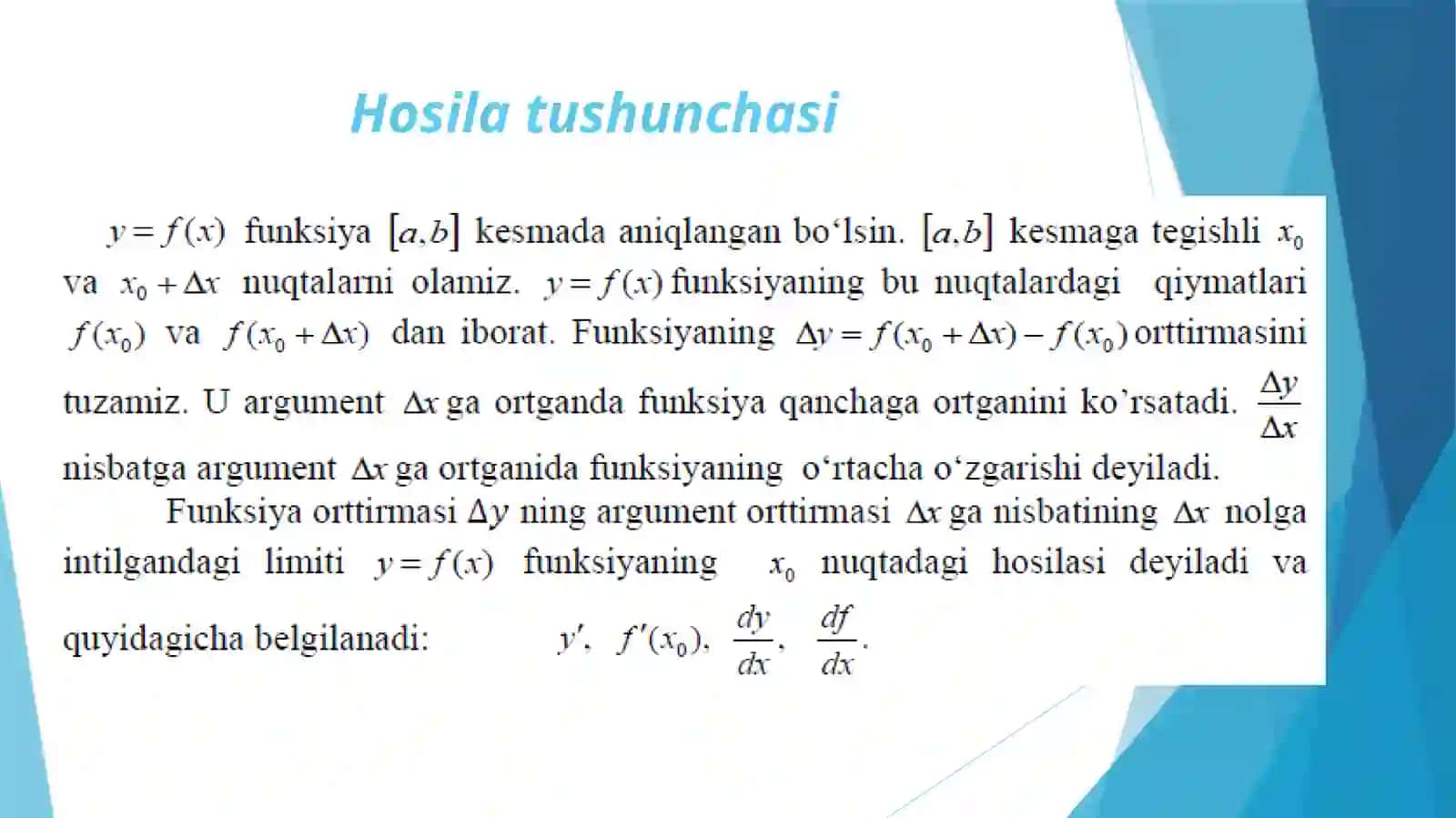 Funksiya hosilasi, uning geometrik va iqtisodiym ma’nosi (ma’ruza) 3