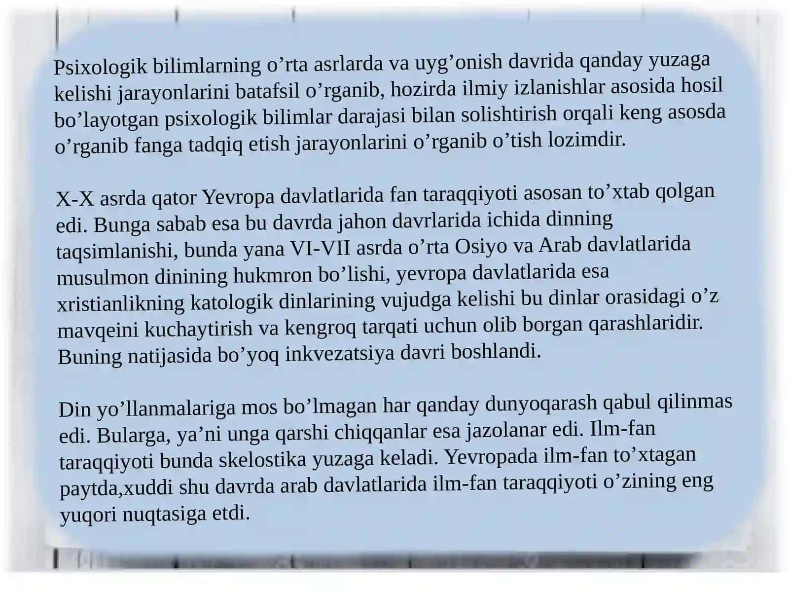 PSIXOLOGIYADAN DASTLABKI VA O'RTA ASRLARDA RIVOJLANISHI 3