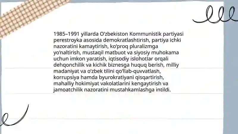 Qayta qurish” yillarida O‘zbekistondagi ijtimoiy-siyosiy vaziyat 3