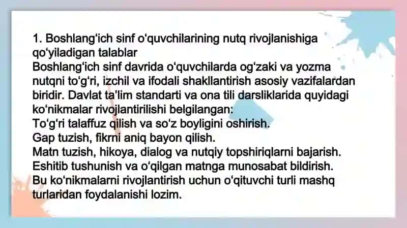 Boshlangʻich sinf oʻquvchilarining nutqini oʻstirishga oid mashq turlarini ishlab chiqish 3