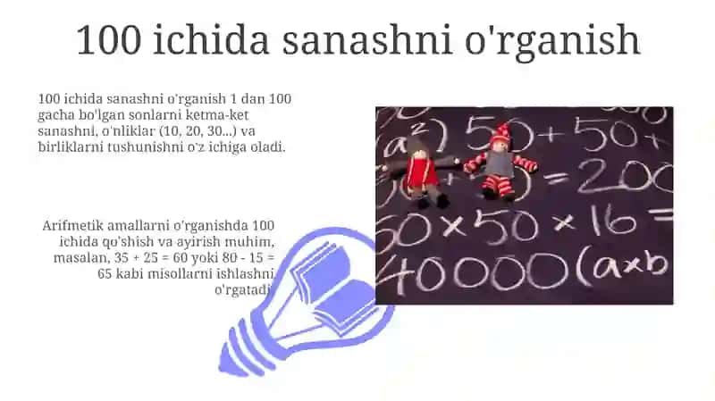 100 ichida raqamlash va arifmetik amallarni o‘rganish 3