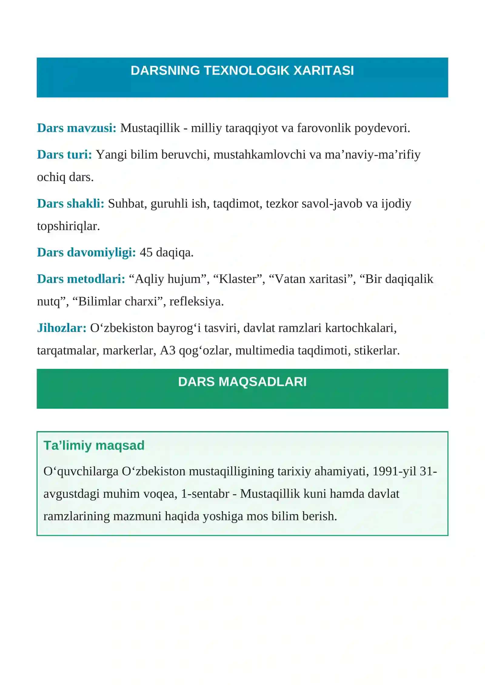 6-sinf Mustaqillikning 35 yilligiga bag‘ishlangan ochiq dars ishlanmasi — 2026 3