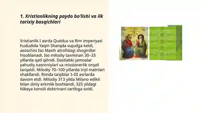 Xristianlikning paydo boʻlishi, aqidari, asosiy yoʻnalishlari, ta'limotlari va manbalari 3