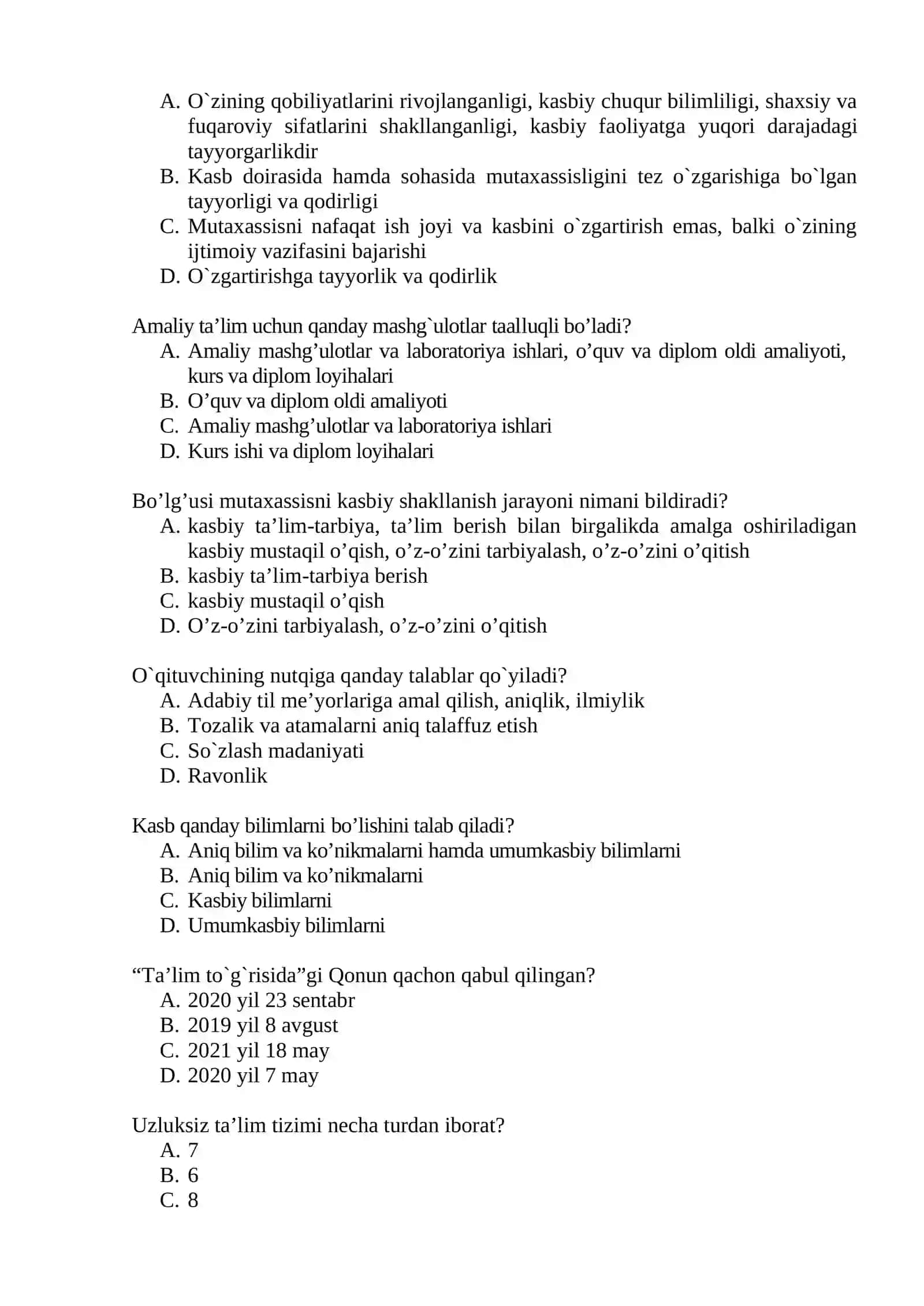 Ta'lim nazariyasi va metodologiyasi asoslari testlar 3