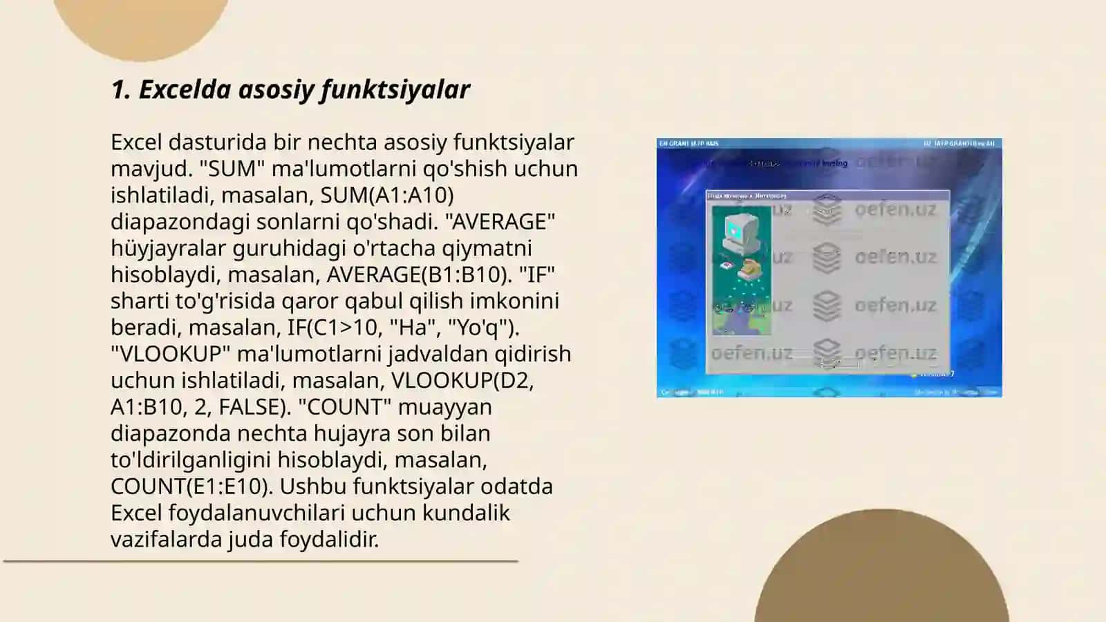 Excel elektron jadvallarni bilan ishlash 3