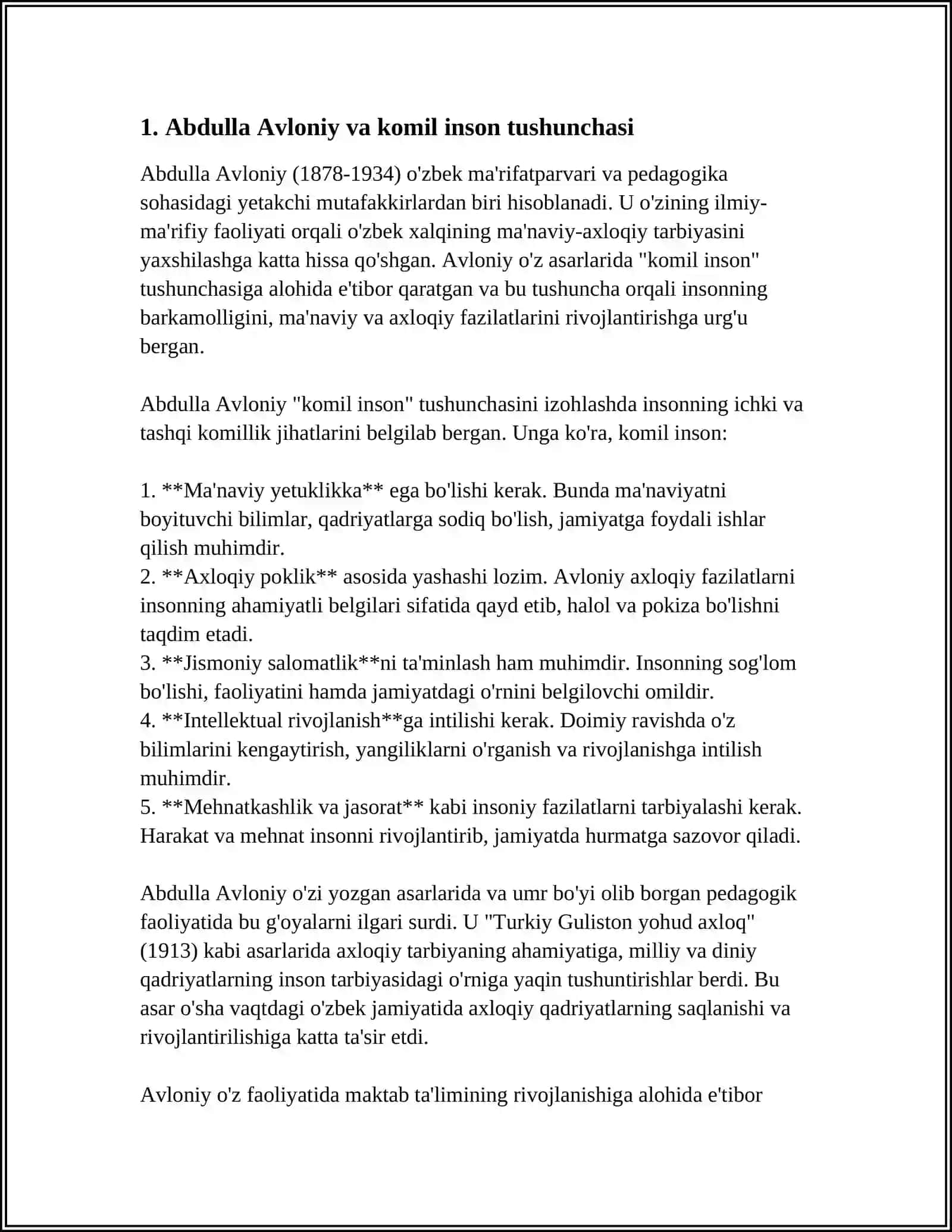 ABDULA AVLONIYNING KOMIL INSON HAQIDAGI QARASHLARI MAVZUSIDA ESSE 3