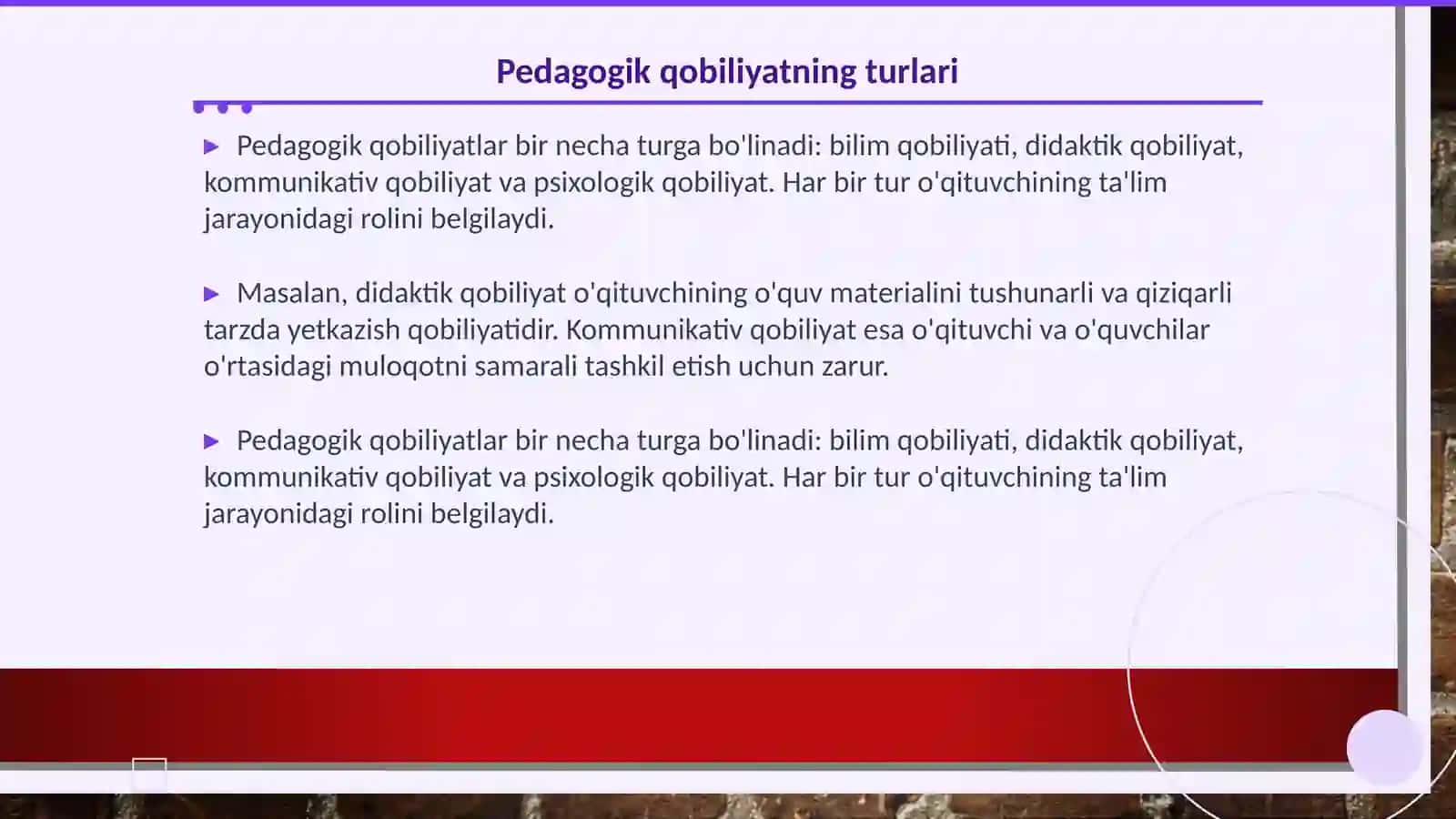Qobiliyat va pedagogik qobiliyat haqida tushuncha. Pedagogik qobiliyatning turlari va ularning tavsifi. Pedagogik qobiliyatni shakllantirish yo‘llari. Kommunikatsiya haqida tushuncha. Kommunikativ qobiliyat va pedagogik ta’sir ko‘rsatish. O‘qituvchi 3