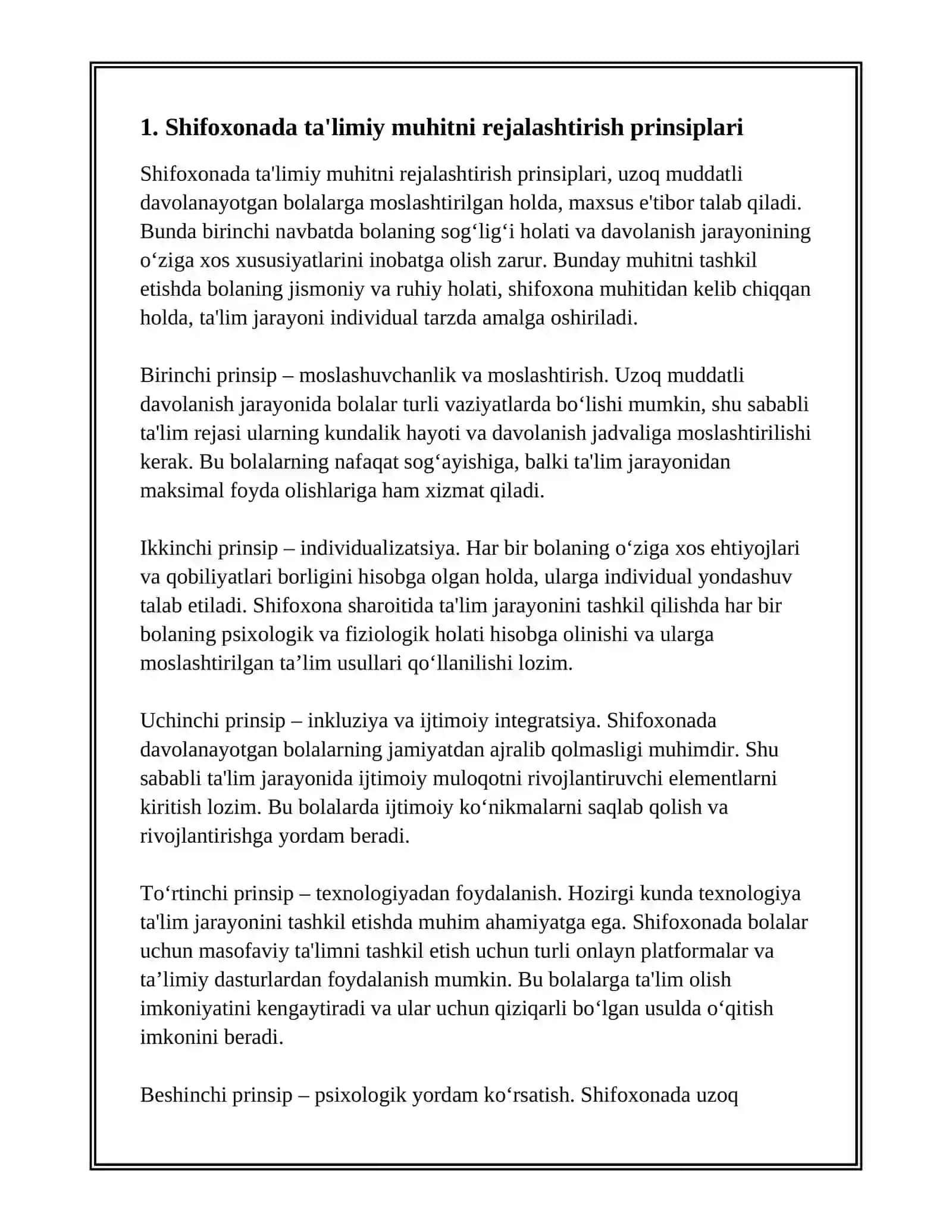 SHIFOXONADA UZOQ MUDDATLI DAVOLANAYOTGAN BOLALAR UCHUN TA’LIMIY MUHITNI YARATISHNING O‘ZIGA XOS XUSUSIYATLARI 3