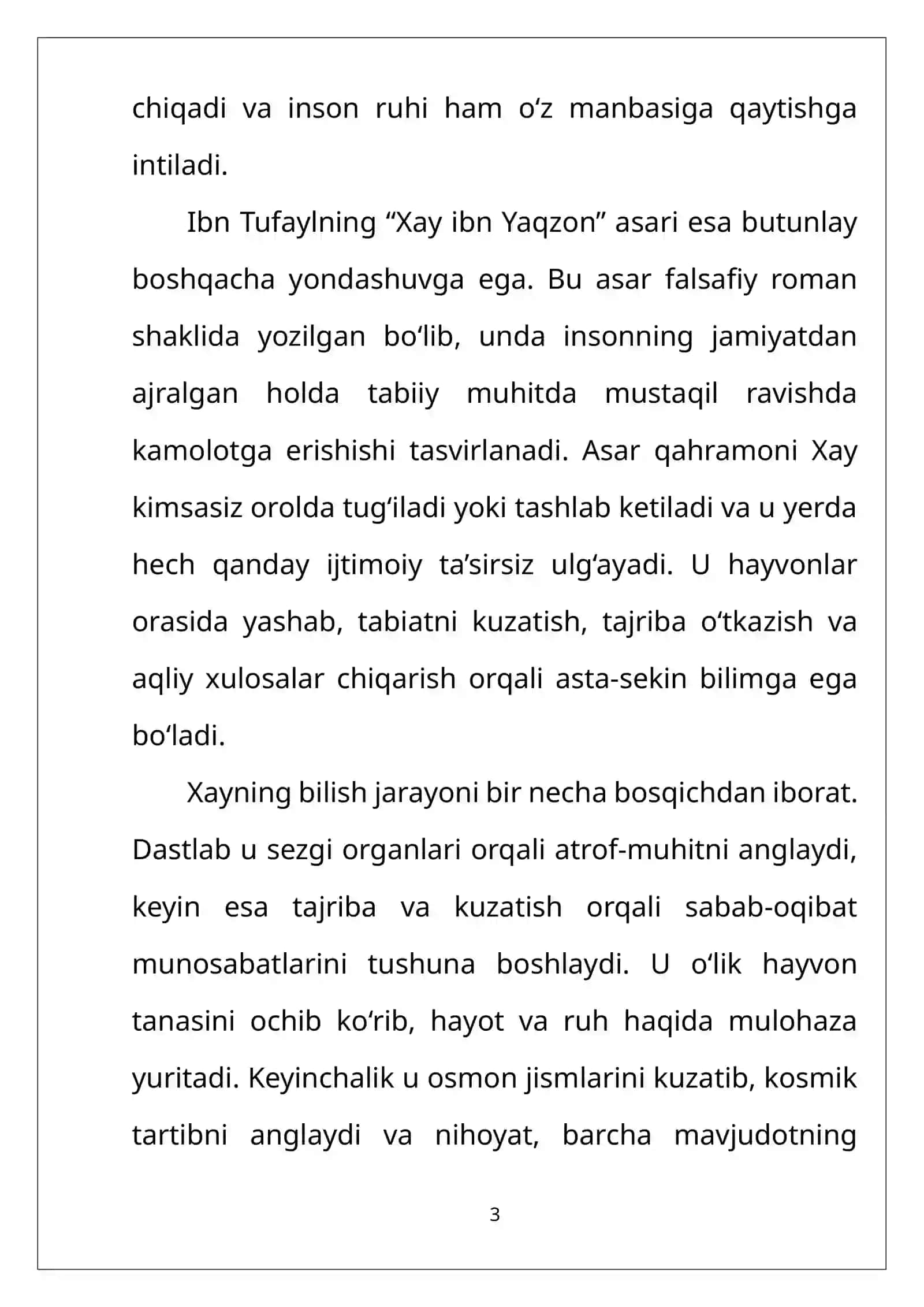 Ibn Tufayl va Ibn Sinoning “Xay ibn Yakzon o’g’li” risolasini qiysiy tahlil etish va esse tayyorlash. 3