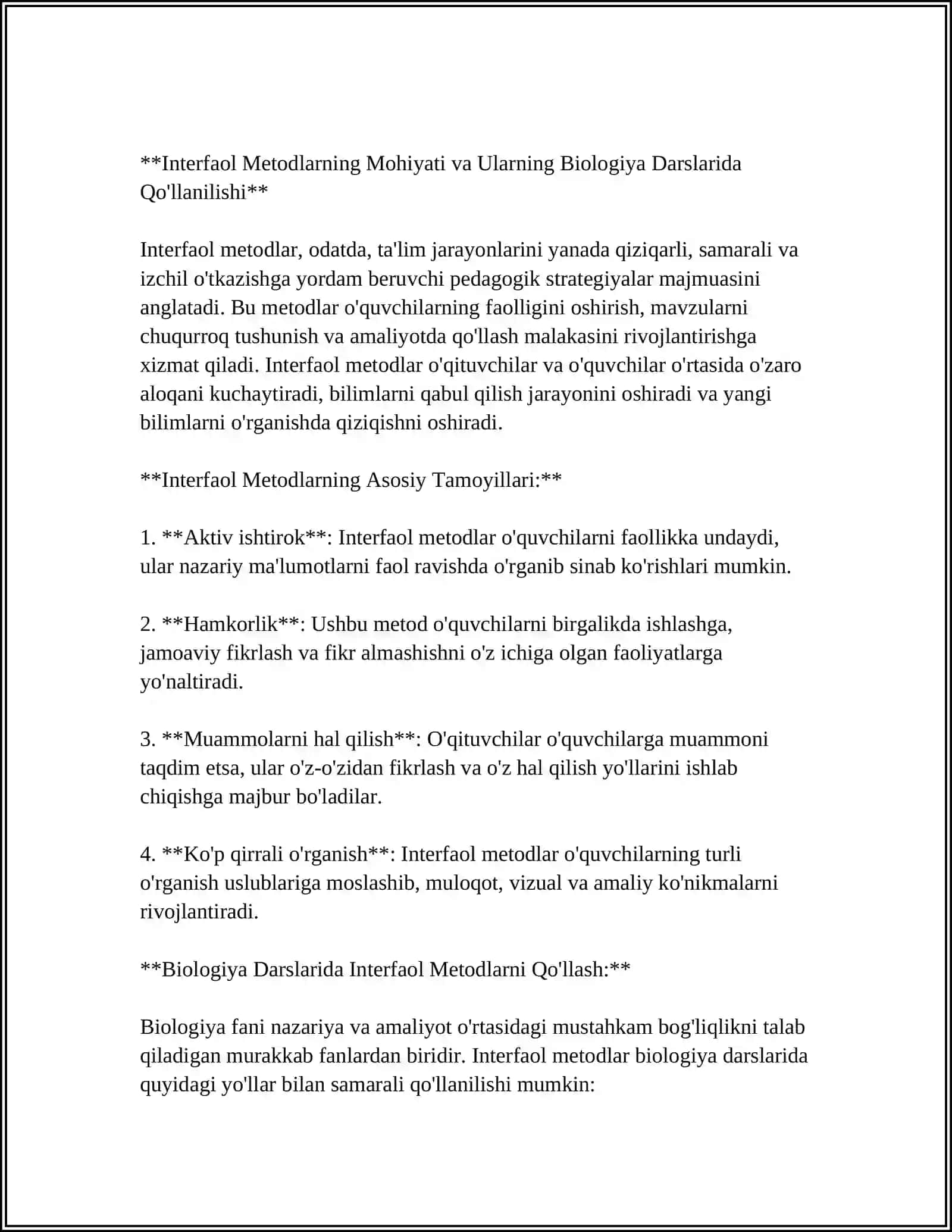 BIOLOGIYANI O'QITISHDA INTERFAOL METODLARDAN FOYDALANISHNING O'ZIGA XOS XUSUSIYATLARI 3
