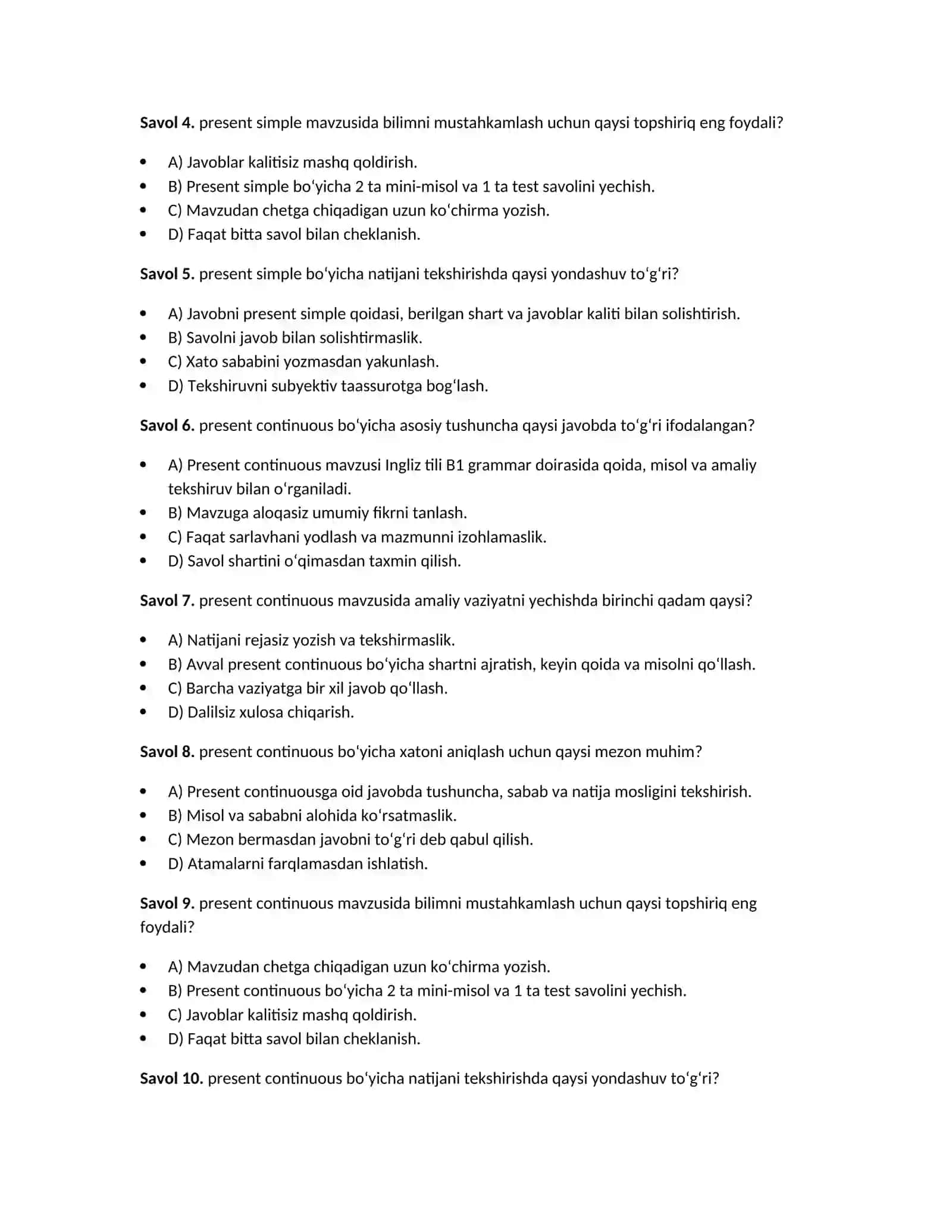 Ingliz tili B1 grammar — 100 test javoblari bilan 3