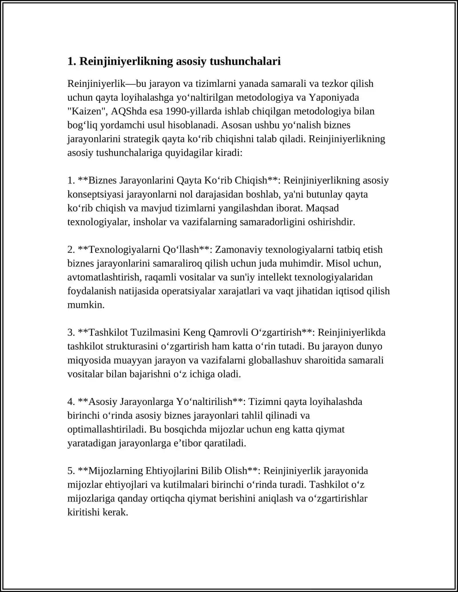 MUSTAQIL ISH Mavzu: REINJINIRING: XUSUSIYATLARI VA AHAMIYATI 3