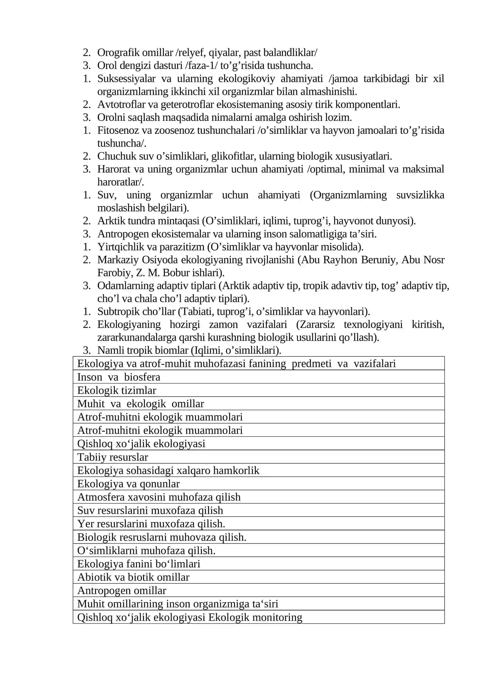 Ekologiya va atrof muhit muhofazasi fanidan umumiy savollar 3