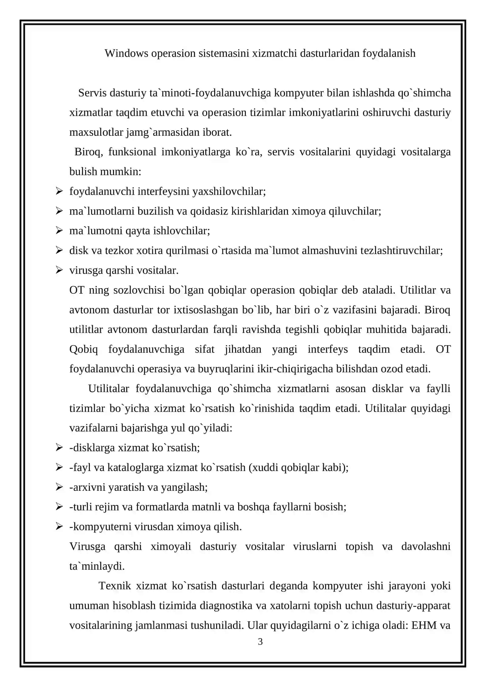 WINDOWS OPЕRASION TIZIMINING XIZMATCHI DASTURLARI HAQIDA MA`LUMOT 3