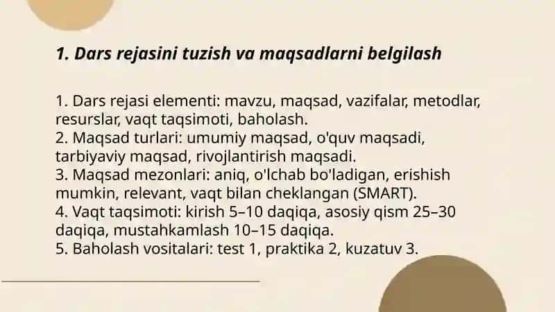 O'quv tajriba maydonida o'tkaziladigan biror mavzuga bir soatlik dars ishlanma yozish 3