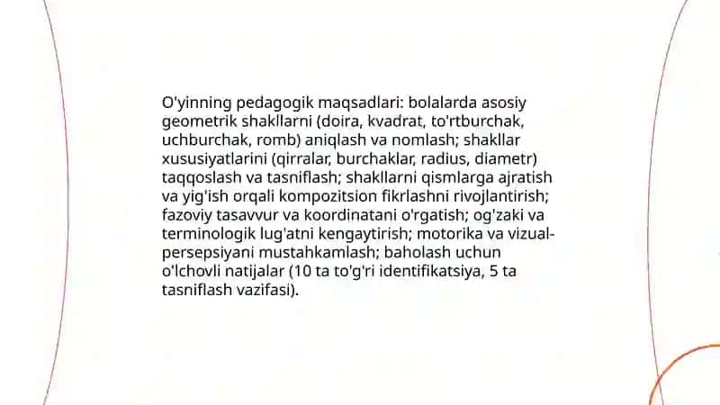 Geometrik shakllarni o'rgatishga mo'ljallangan yangi o'yin yaratish va ularning pedagogik ahamiyati 3