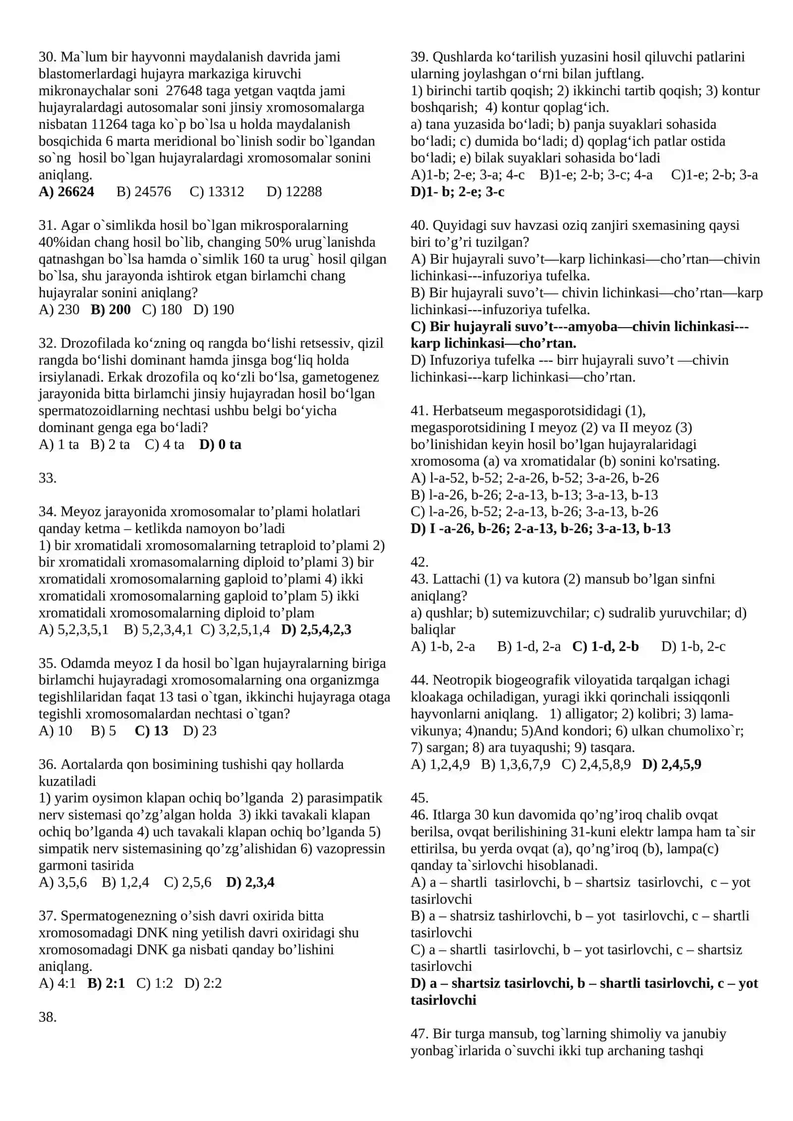Biologiya bilimni baholash agentlidi (DTM) 1000 talik test  javobi bilan 3