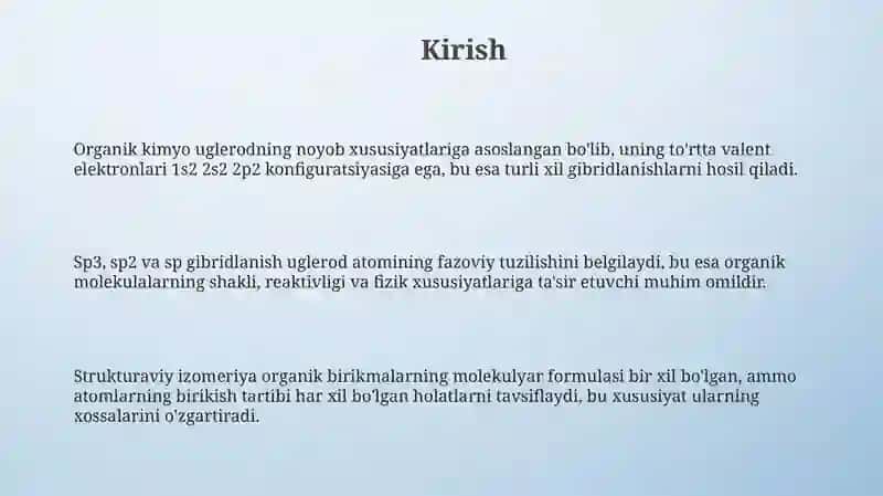 Uglerod atomning sp?-, sp?-, sp-gibridlanishi. Organik birikmalarning tuzilish izomeriyasi 3