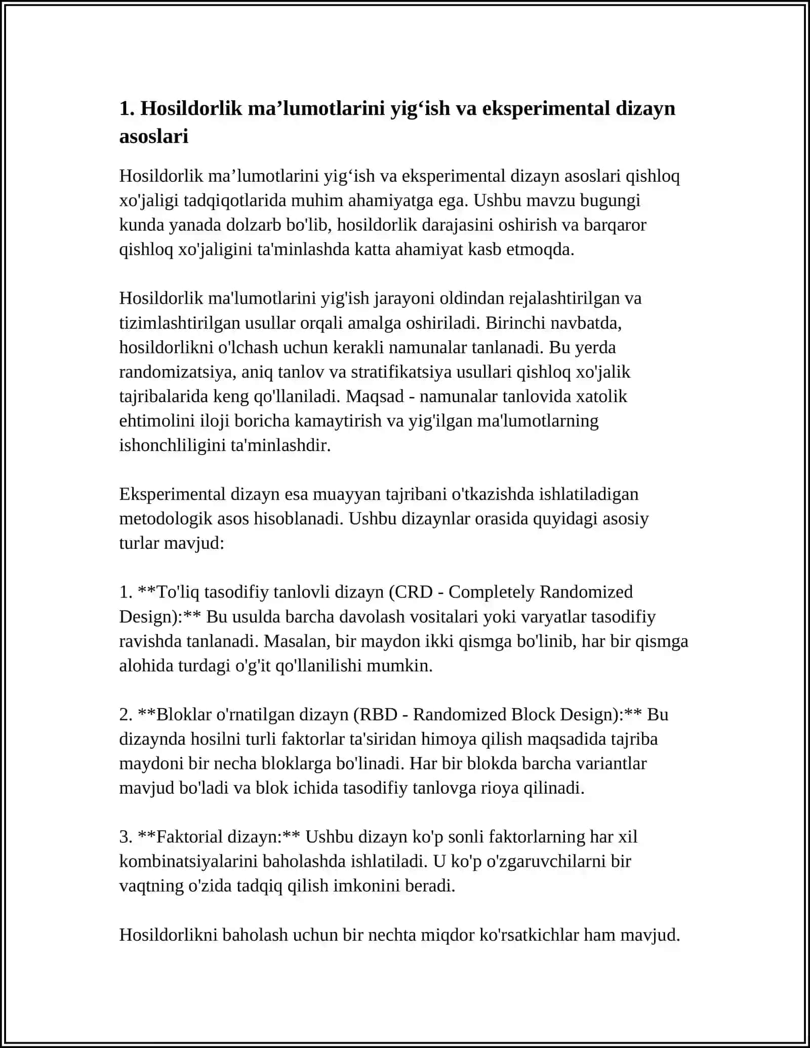 QISHLOQ XOʻJALIK EKINLARI HOSILDORLIKLARIGA STATISTIK BAHO QURISH 3