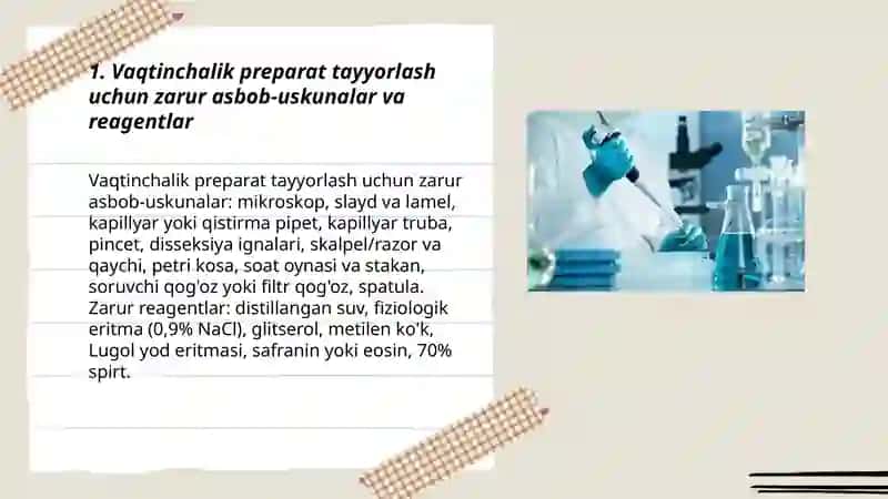 Vaqtinchalik preparat tayyorlash uchun zarur asbob-uskunalar va reagentlar 3