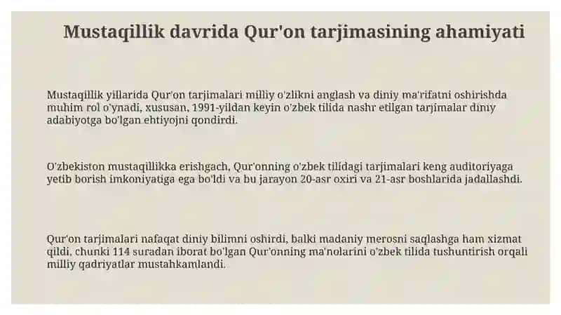 Mustaqillik yillarida quroning oʻzbek tiliga tarjima qilinishi 3