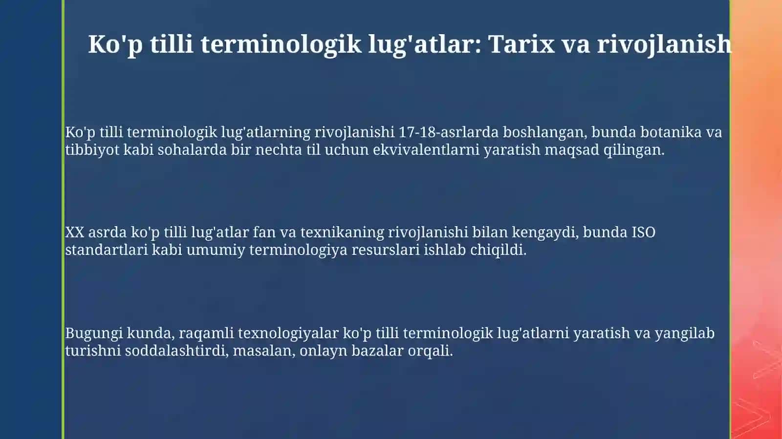 Ko'p tilli terminologik lug'atlar: Asosiy tamoyillar va uslublar 3