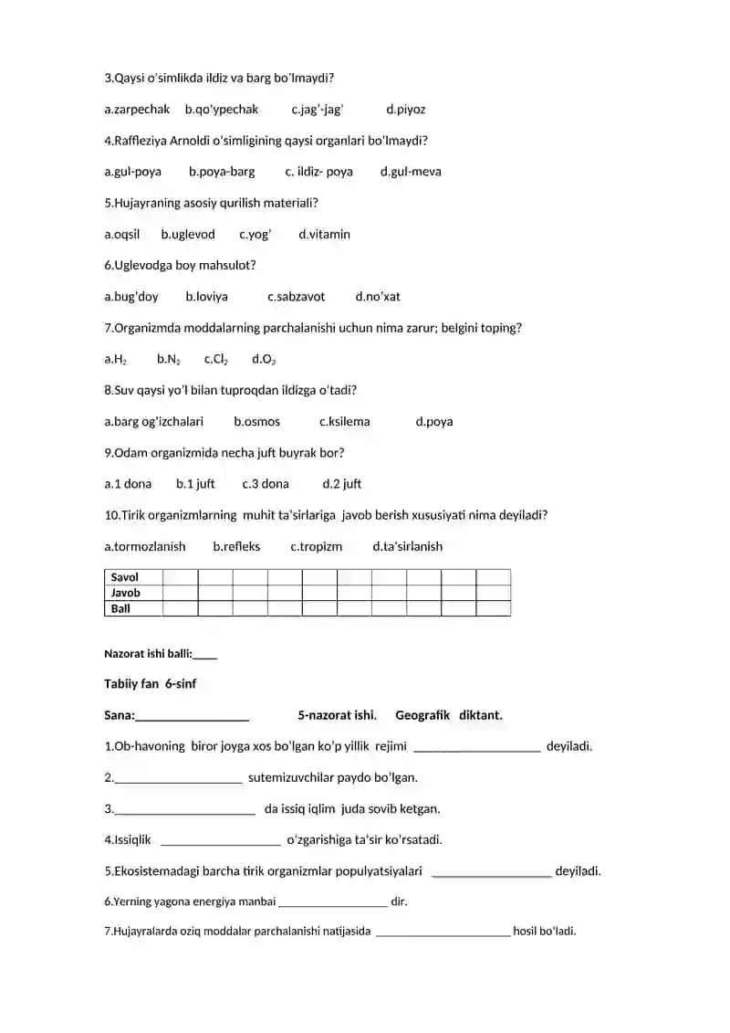 Tabiiy fan 6-sinf 1-nazorat ishi. Test 3